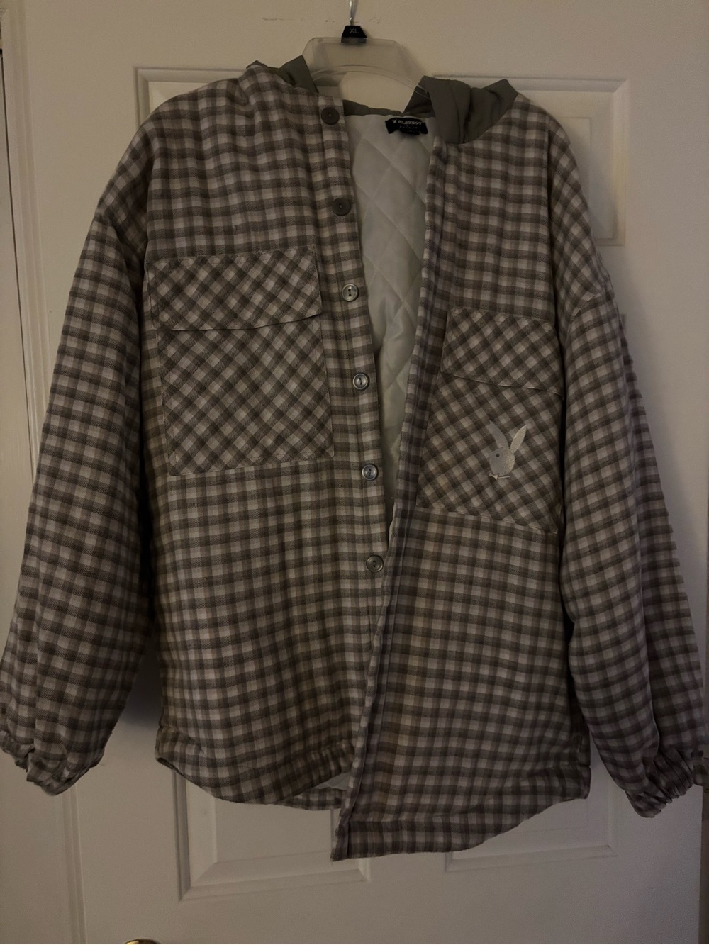 PacSun Quilted Plaid Button-Down Shirt Jacket in Taupe and White